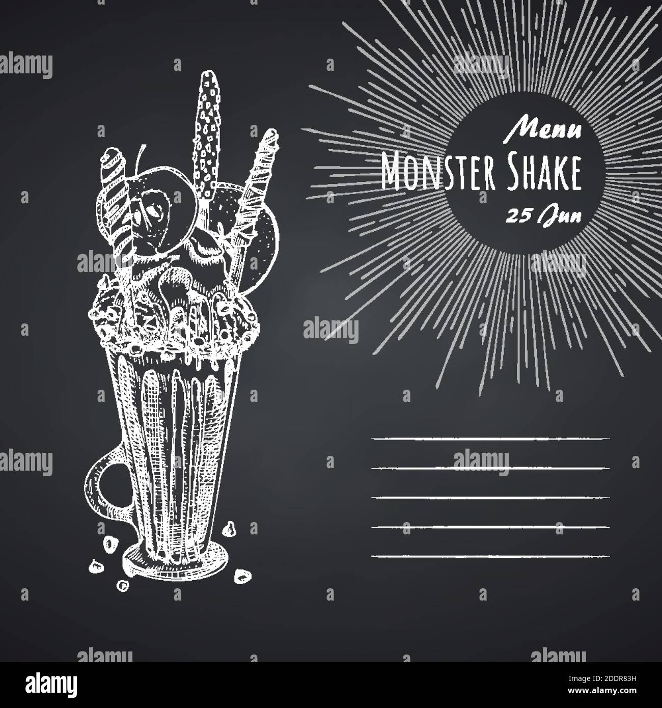 Monster shake dessert menu, chalkboard background. Hand drawn black and