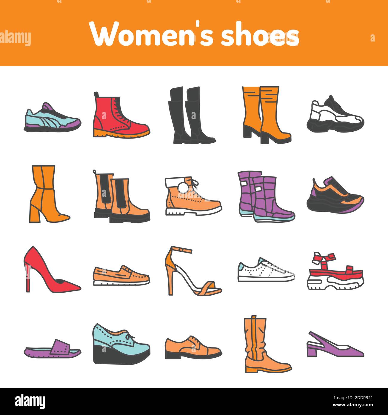 Womens shoes color line icons set. Pictograms for web page, mobile app ...