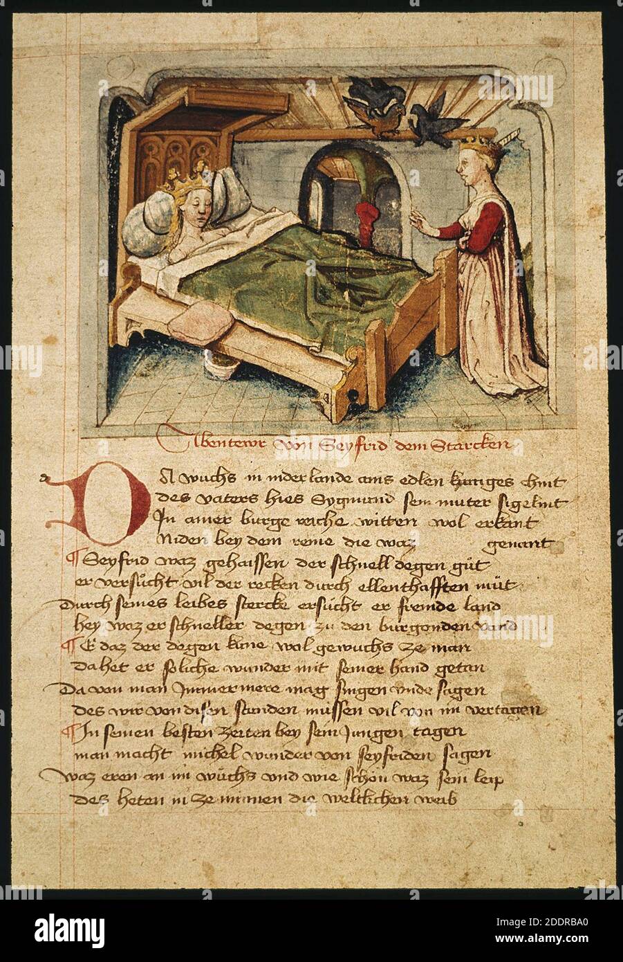 Kriemhilds Traum vom Falken Am Fussende des Bettes steht Kriemhilds Mutter Ute Hundeshagenscher Kodex. Stock Photo