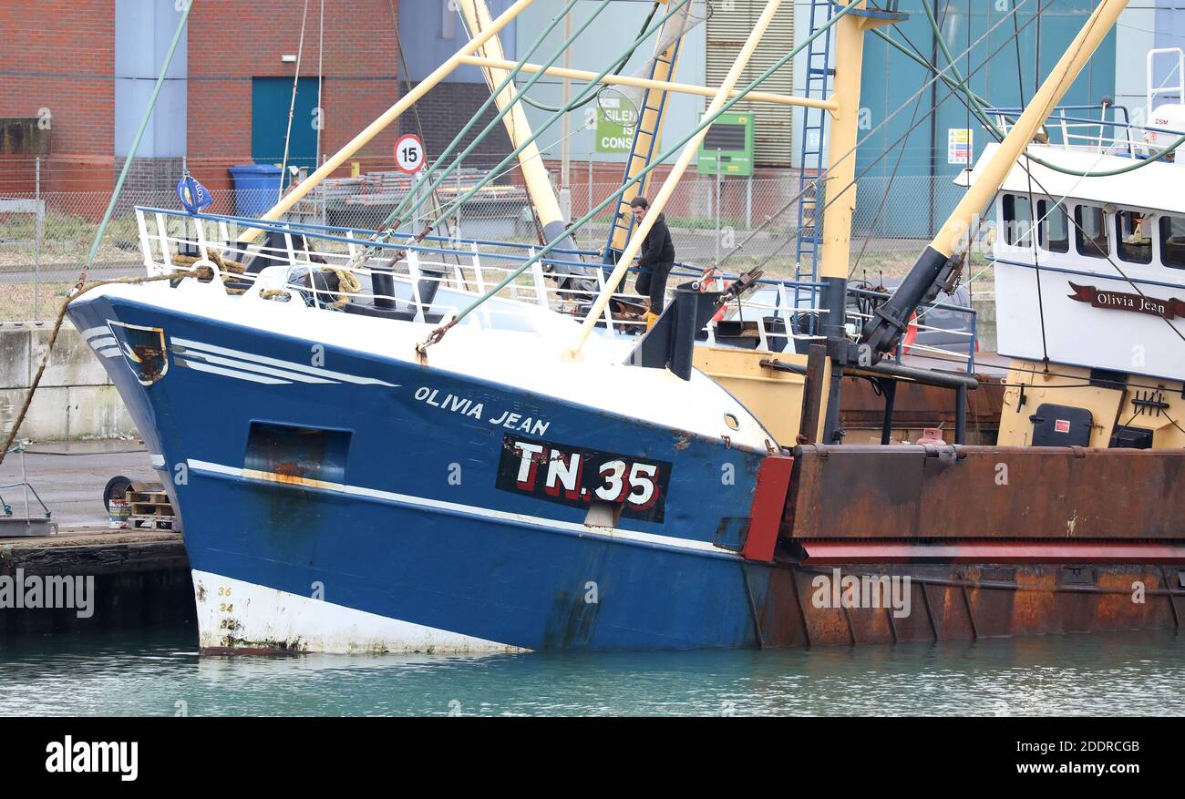 File Photo dated 26 November 2020 Two men have been arrested on suspicion of modern-day slavery charges after five people were recovered from the Olivia Jean on 4th November 2020 Police were called to Shoreham Harbour after concerns were raised for the welfare of five men aboard the vessel. An investigation into this incident has now been launched and two men have been arrested in connection with slavery offences. Stock Photo