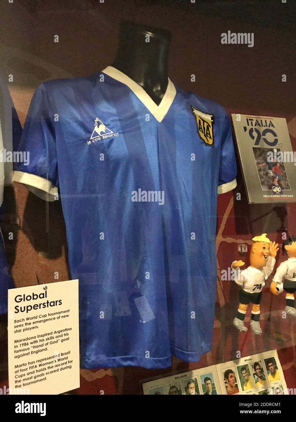 The shirt Diego Maradona wore when he played England in 1986 on display at the National Football Museum in Manchester, It was loaned to them for exhibitions in 2003 by former England midfielder Hodge, who swapped shirts with Maradona after the ÔHand of GodÕ World Cup quarter-final in Mexico City 34 years ago. Stock Photo