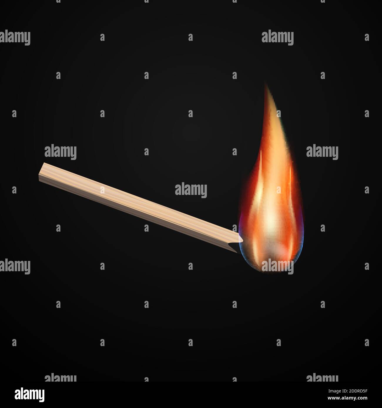 Vector isolated realistic match set. burning match on black background ...