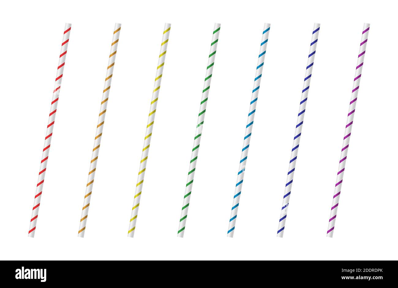 Vector realistic drinking straws for milk drinks, cocktails or alcohol. Set of white, red, orange, yellow, blue, green, purple drinking straws isolate Stock Vector