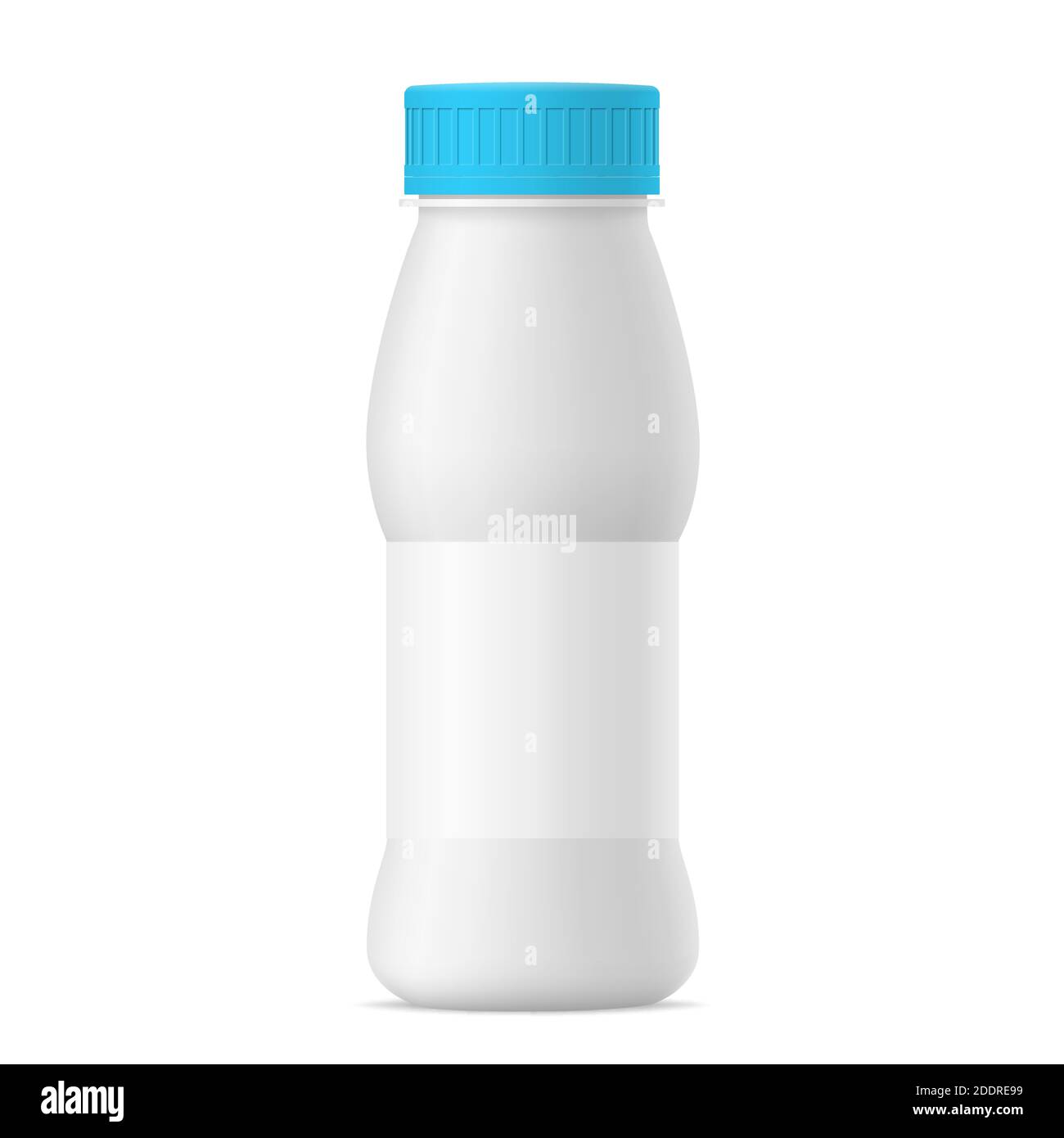 Vector mat white realistic yogurt bottle with blue cap and paper label. Milk, tea, juice or sour cream plastic pack on white background. 3d mock up fo Stock Vector