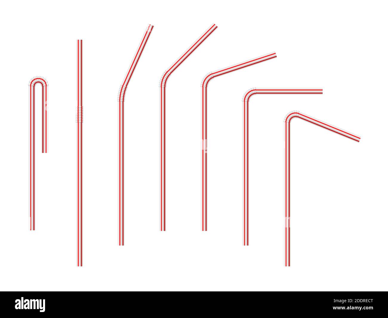 Vector realistic drinking straws striped for milk drinks, cocktails or alcohol. Set of white-red drinking straws isolated with various bends. 3D templ Stock Vector
