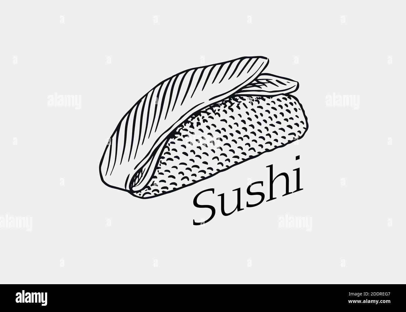 Japanese food. Sushi bar or rolls set. Vector illustration for Asian restaurant. Hand Drawn engraved sketch for menu. Monochrome style. Vector Stock Vector