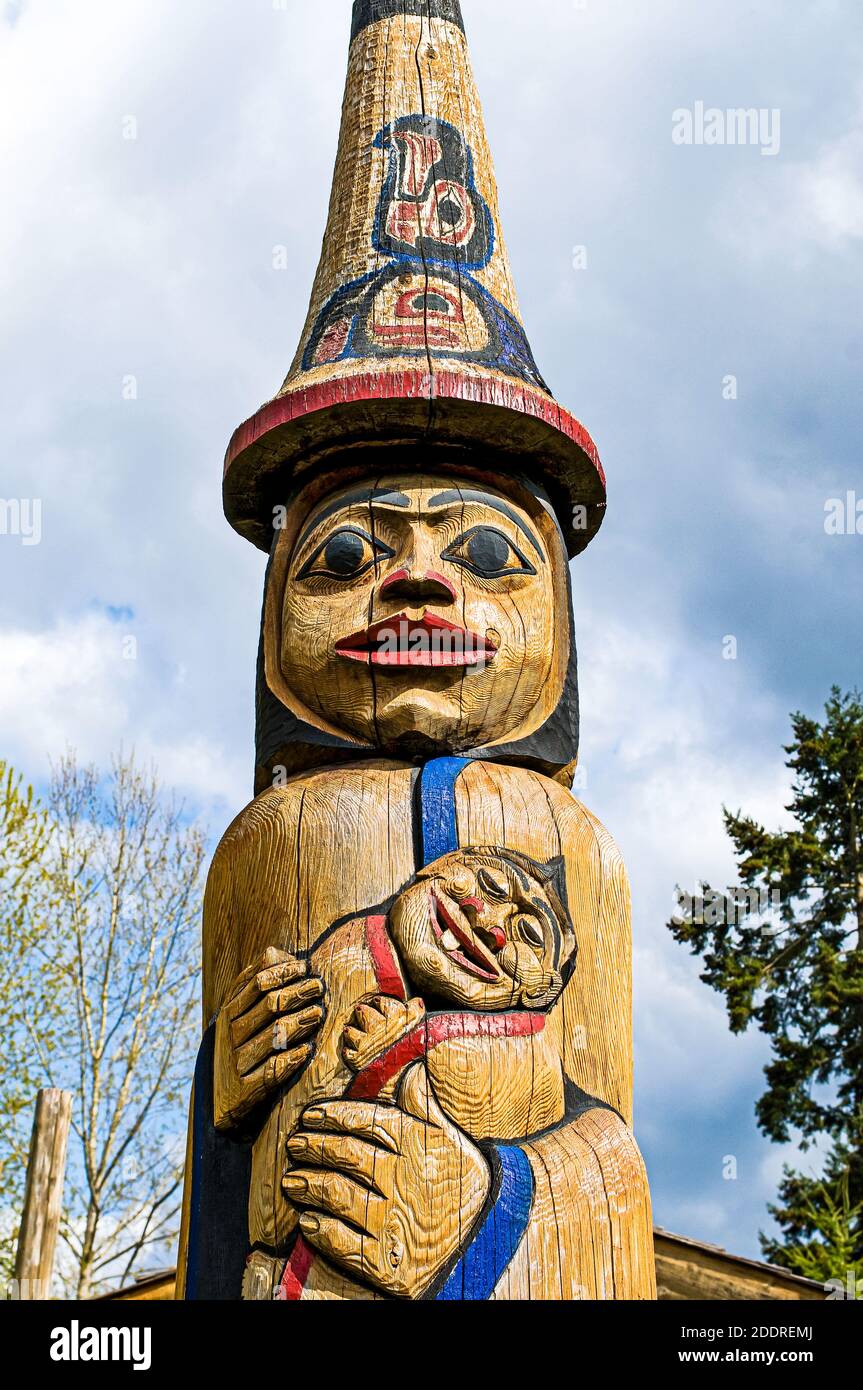 Canadian First Nation Carved totem pole on Vancouver Island British