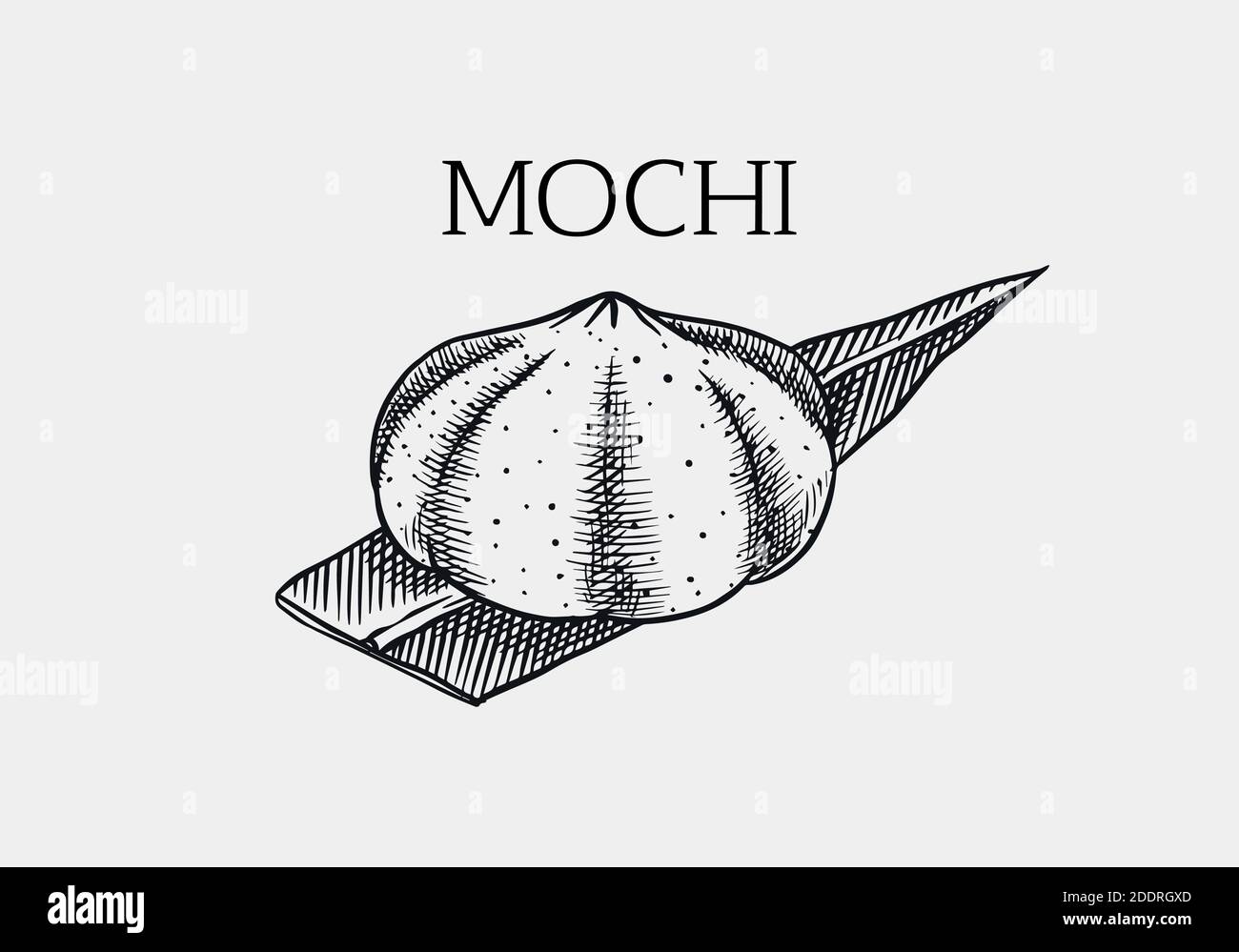 Japanese dessert Mochi in rice dough. Vector illustration for an Asian restaurant. Hand Drawn engraved sketch for menu. Monochrome style. Vector Stock Vector
