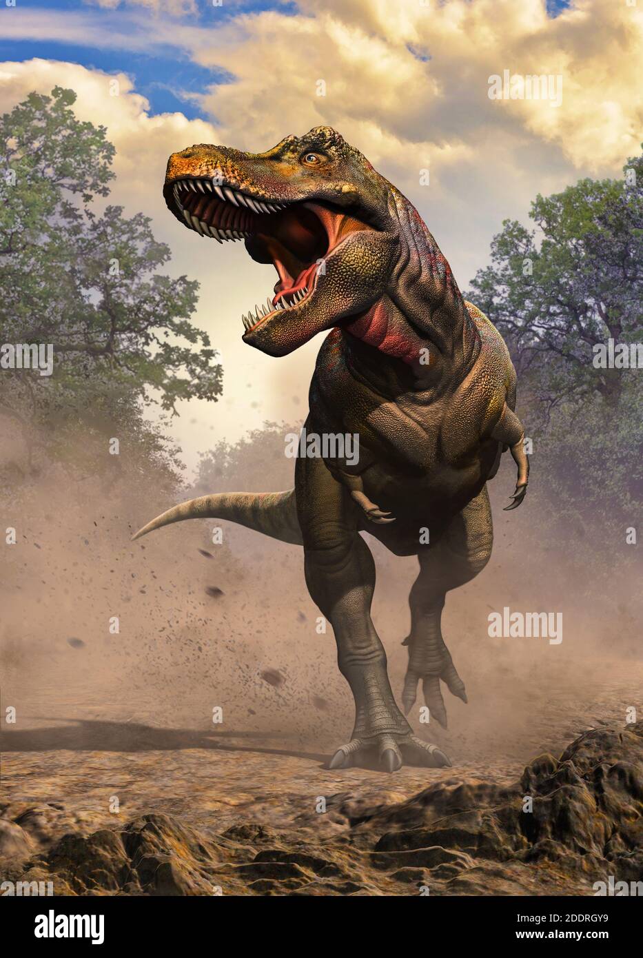 Zhuchengtyrannus magnus running and roaring across a prehistoric environment from the Late Cretaceous period of Shandong Province, China Stock Photo