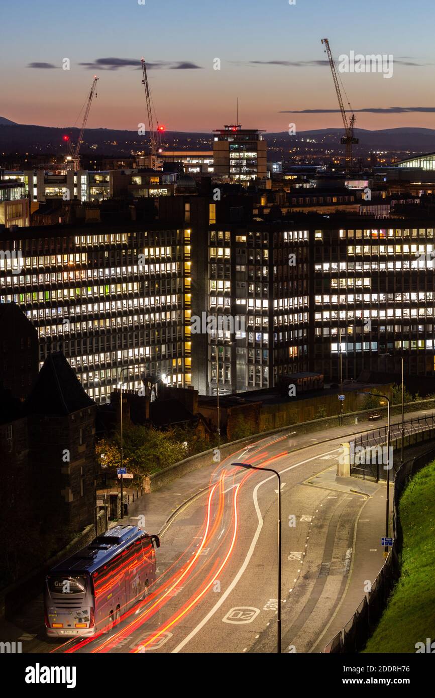 Office buildings with lights on at night in Edinburgh, Scotland. UK Stock Photo