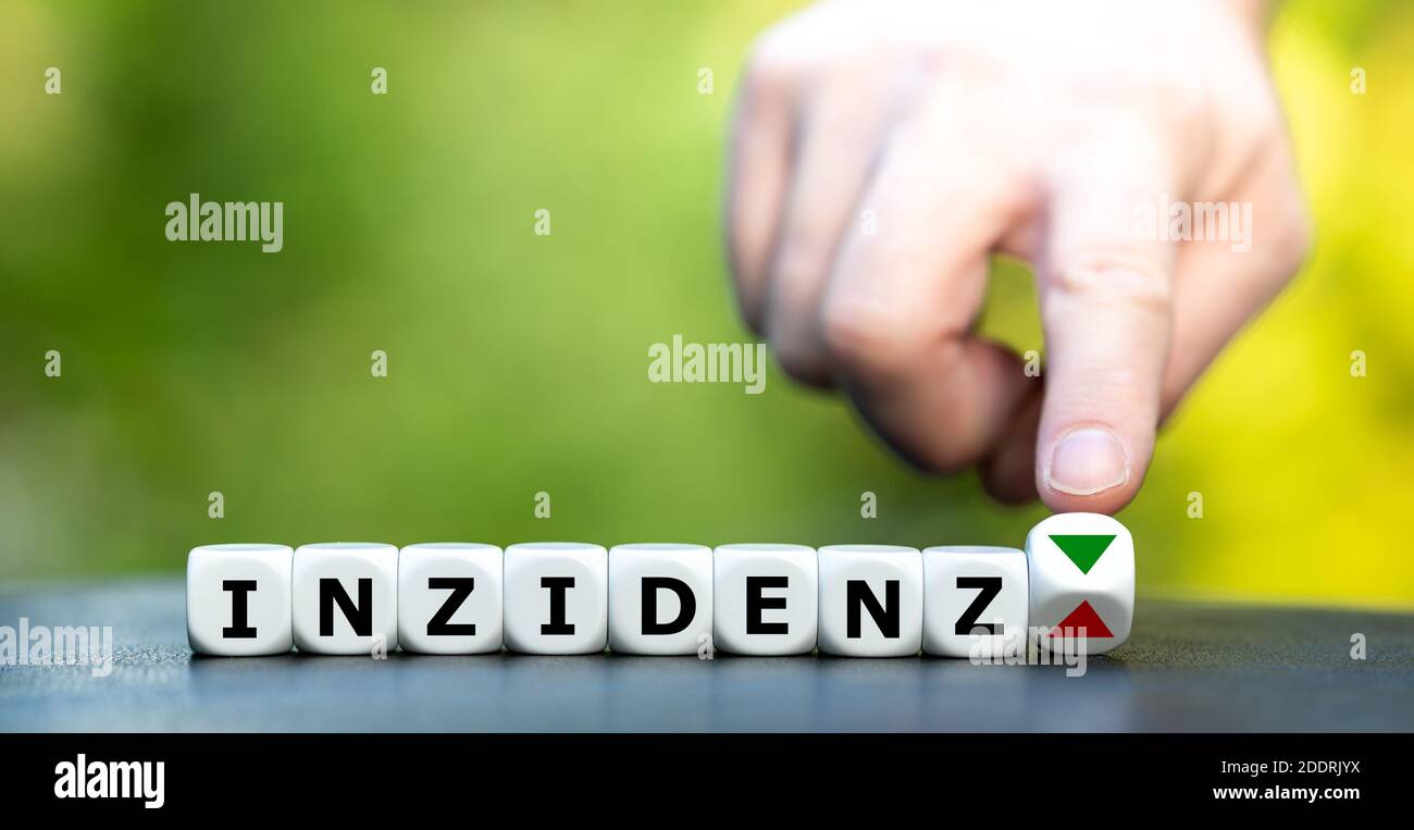 Symbol for a decreasing incidence rate ('inzidenz' in German) during the corona crisis. Stock Photo