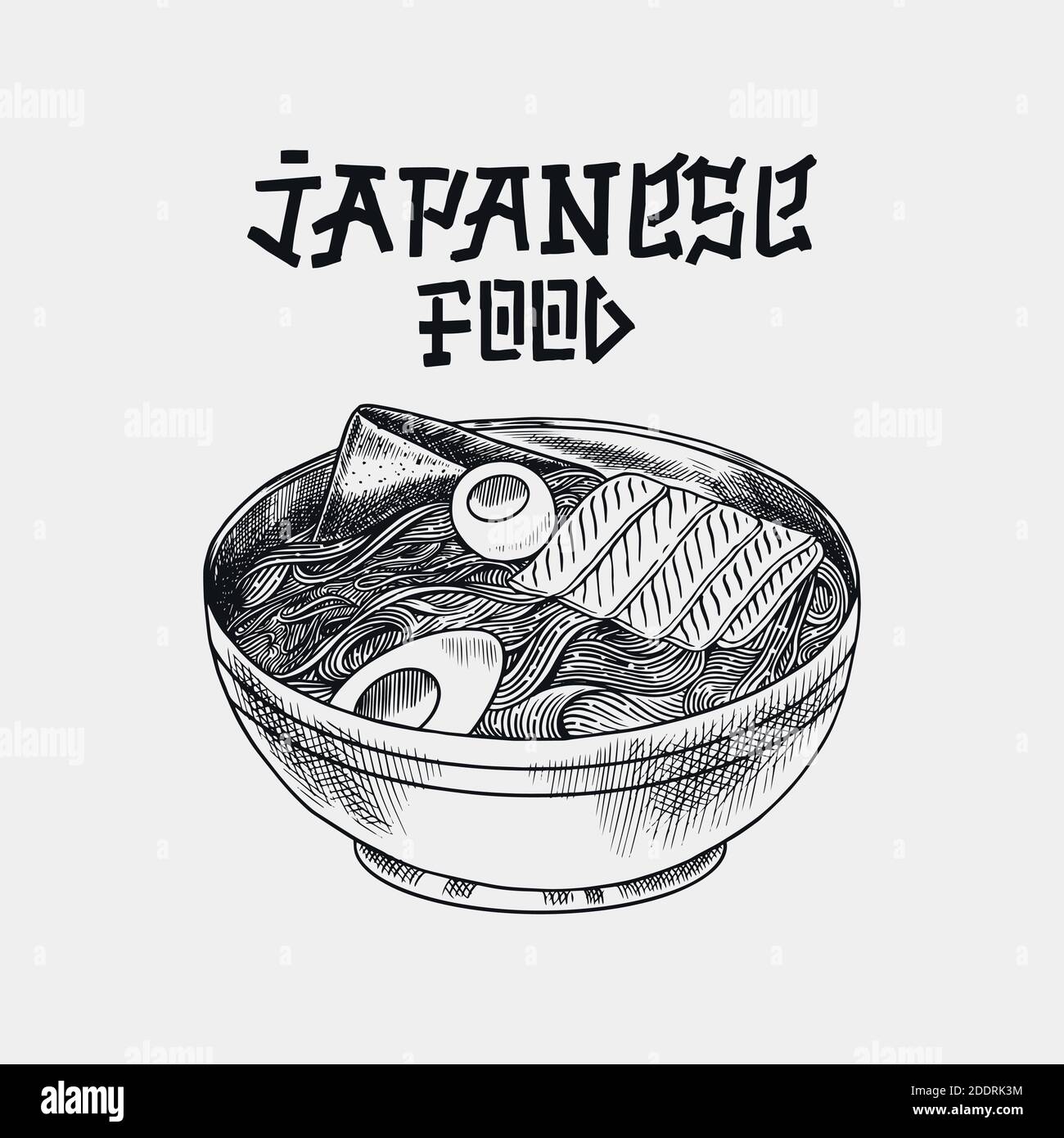 Ramen soup with noodles. Japanese food. Asian traditional style. Hand Drawn engraved sketch for menu. Monochrome style. Vector illustration Stock Vector