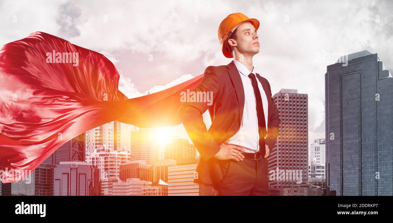 Concept of power and sucess with architect superhero in big city Stock ...