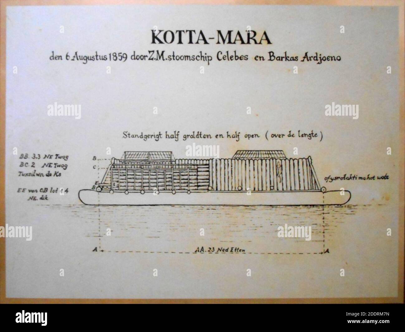 KOTTA-MARA den 6 Augustus 1859 door Z.M. stoomschip Celebes en Barkas Ardjoeno. Stock Photo