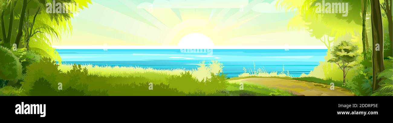 A touching gentle seaside landscape. Tropical trees by the sea, ocean. Road to the shore. Thick grass. Bright morning sun with rays. The glitter of Stock Vector