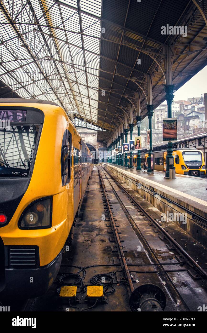 Modern urban passenger transportation. Yellow passenger train Stock