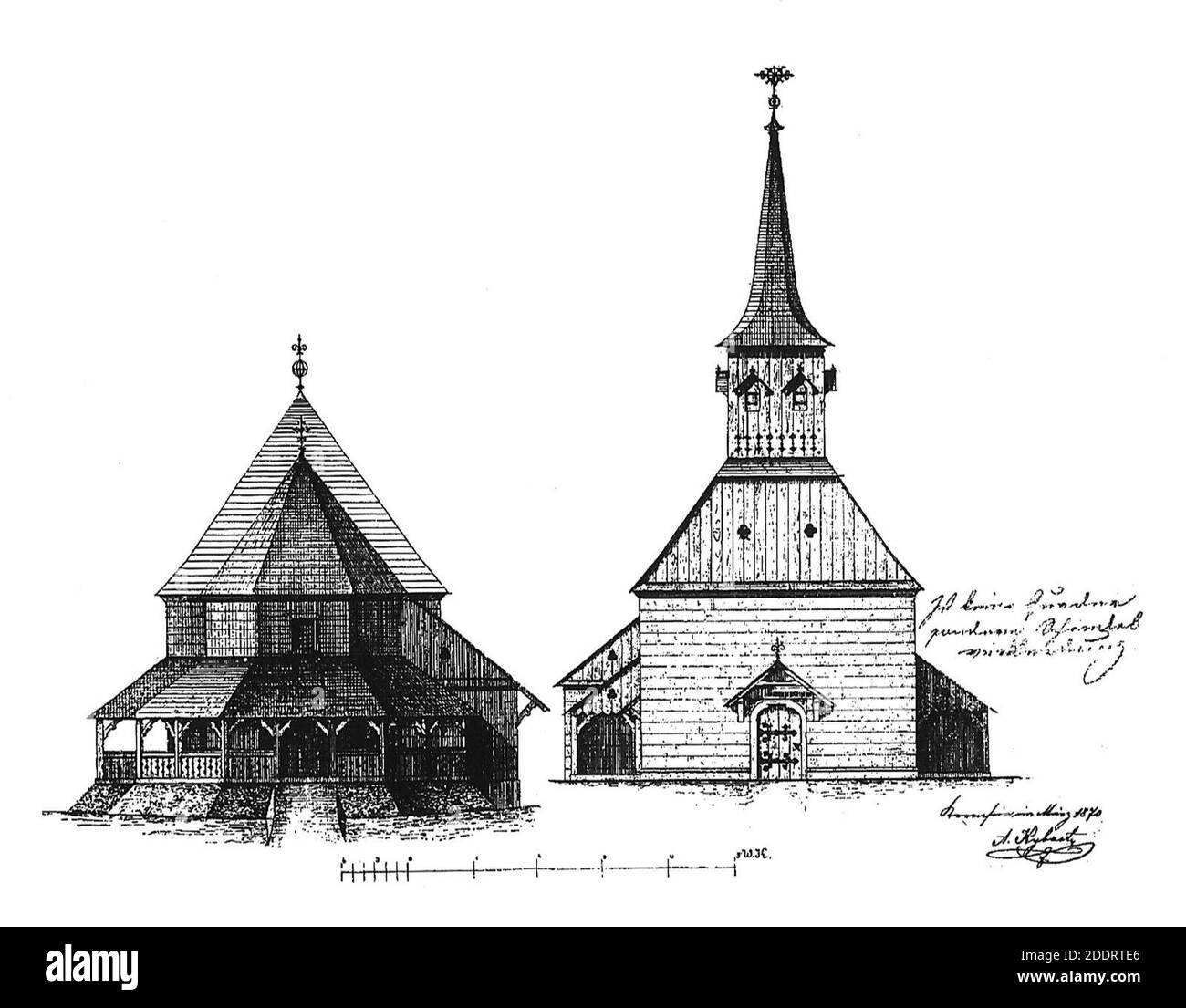 Kopřivnice-Dřevěný-kostel-nárys-2. Stock Photo
