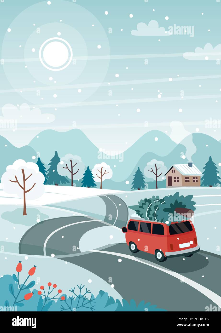 Car with christmas tree on the road. Cute winter landscape. Vector ...