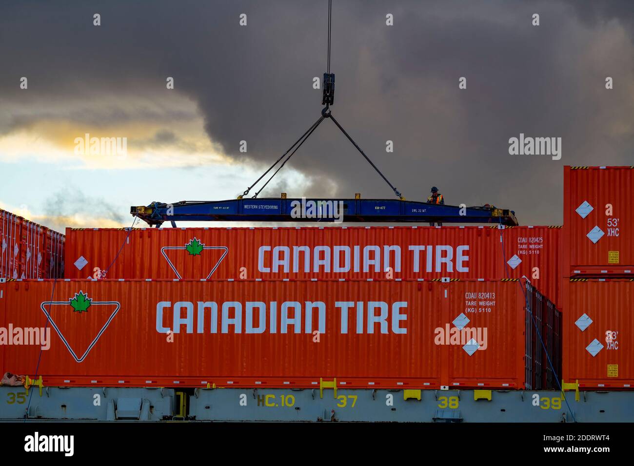 Stevedore unloading Canadian Tire Container crates, Lynnterm Terminal