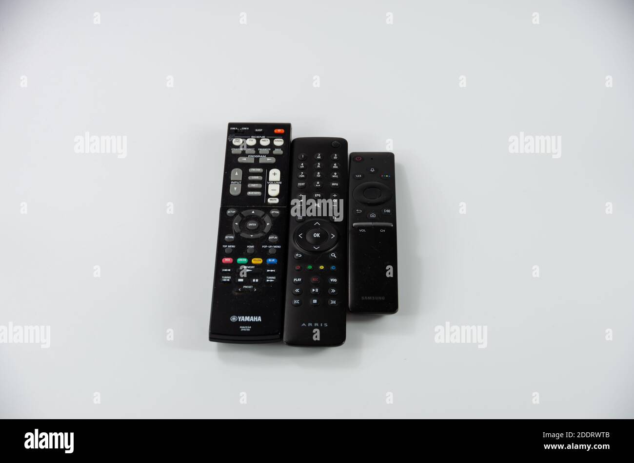 TV, decoder and music system remote control effortlessly, black Stock Photo