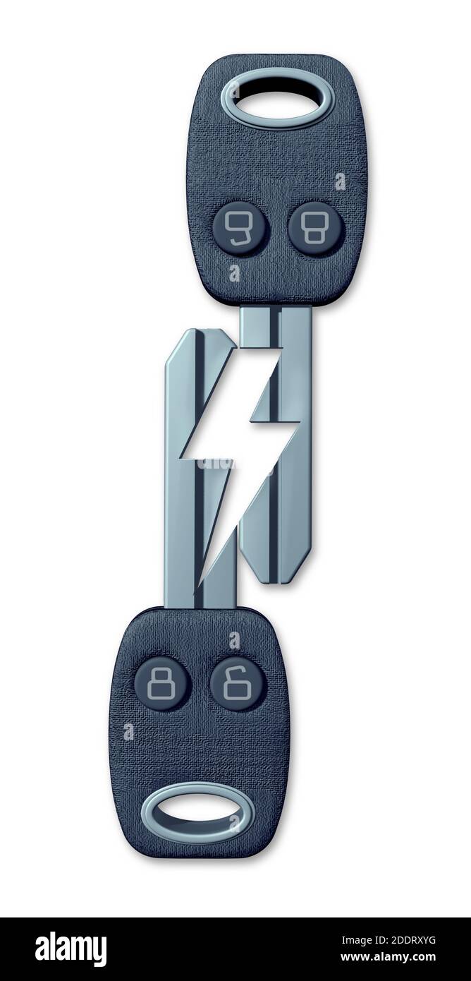 Electric car symbol and EV charging icon for renewable energy transport with auto keys shaped as an electricity shape as a 3D render. Stock Photo