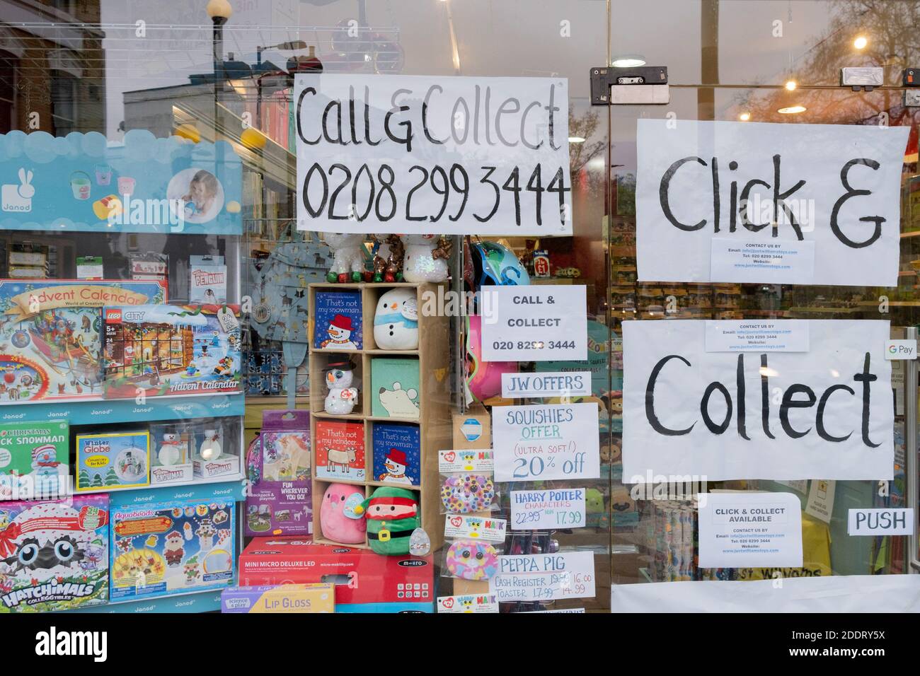 The window of the 'Just William' childrens' toy shop which is open for