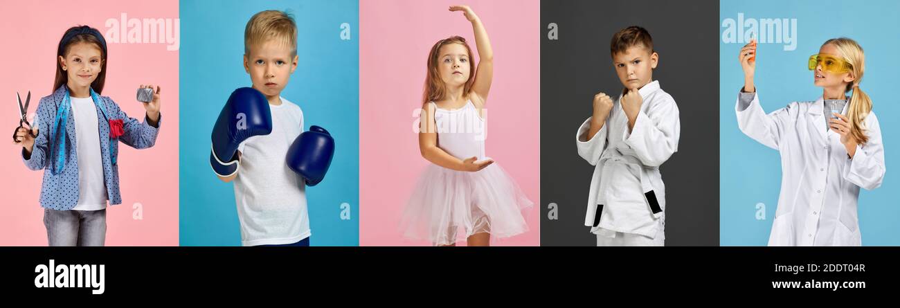 children dream of the future. Little child girl and boy want to become tailor, boxer, ballerina, fighter and scientist. Stock Photo