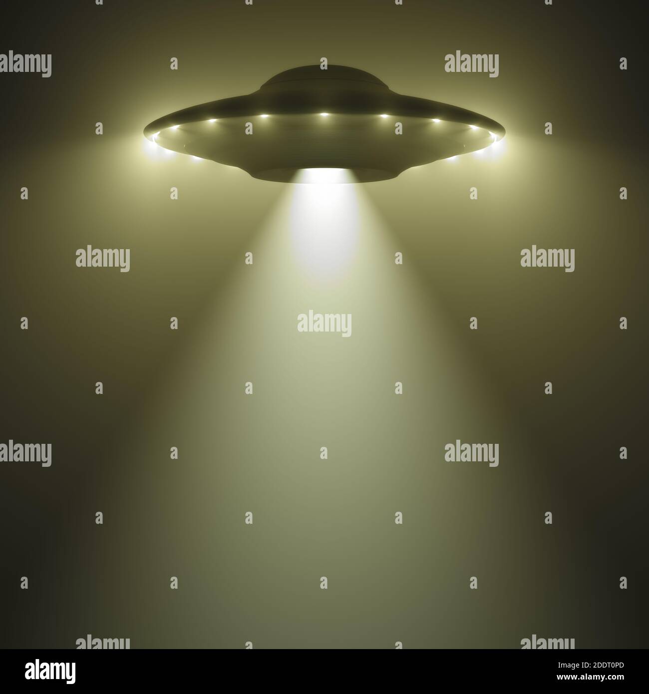 Unidentified flying object at night with fog and a light below, supposed tractor beam. Clipping path included, 3D illustration. Stock Photo