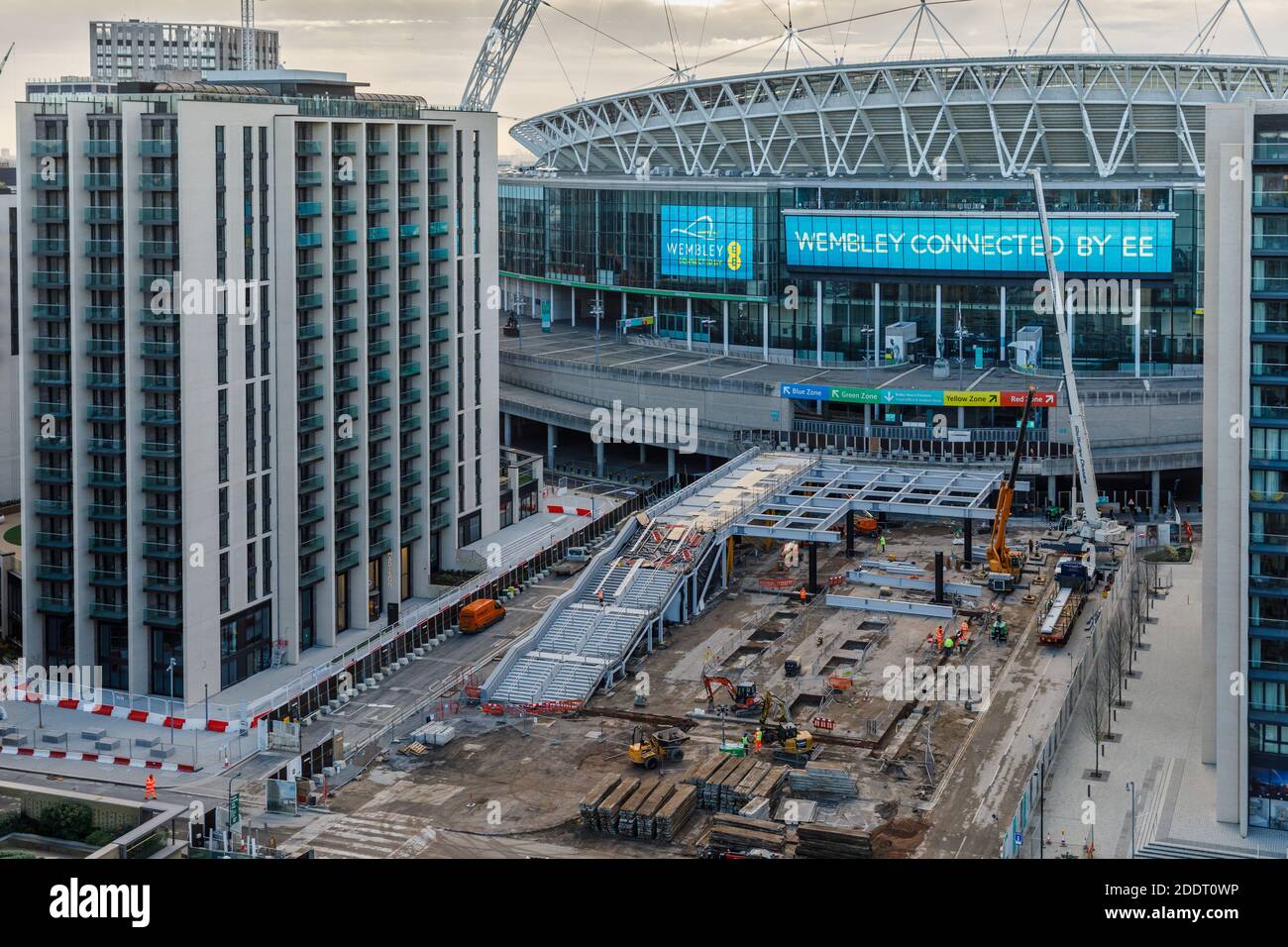 Wembley Stadium, Wembley Park, UK. 26th November 2020. Work on the demolition of the iconic Wembley Stadium pedway is almost complete, ahead of schedule allowing for the construction of the platform at the top of the stairs to begin. To read more about the project, please visit www.wembleypark.com/olympicsteps. Amanda Rose/Alamy Live News Stock Photo