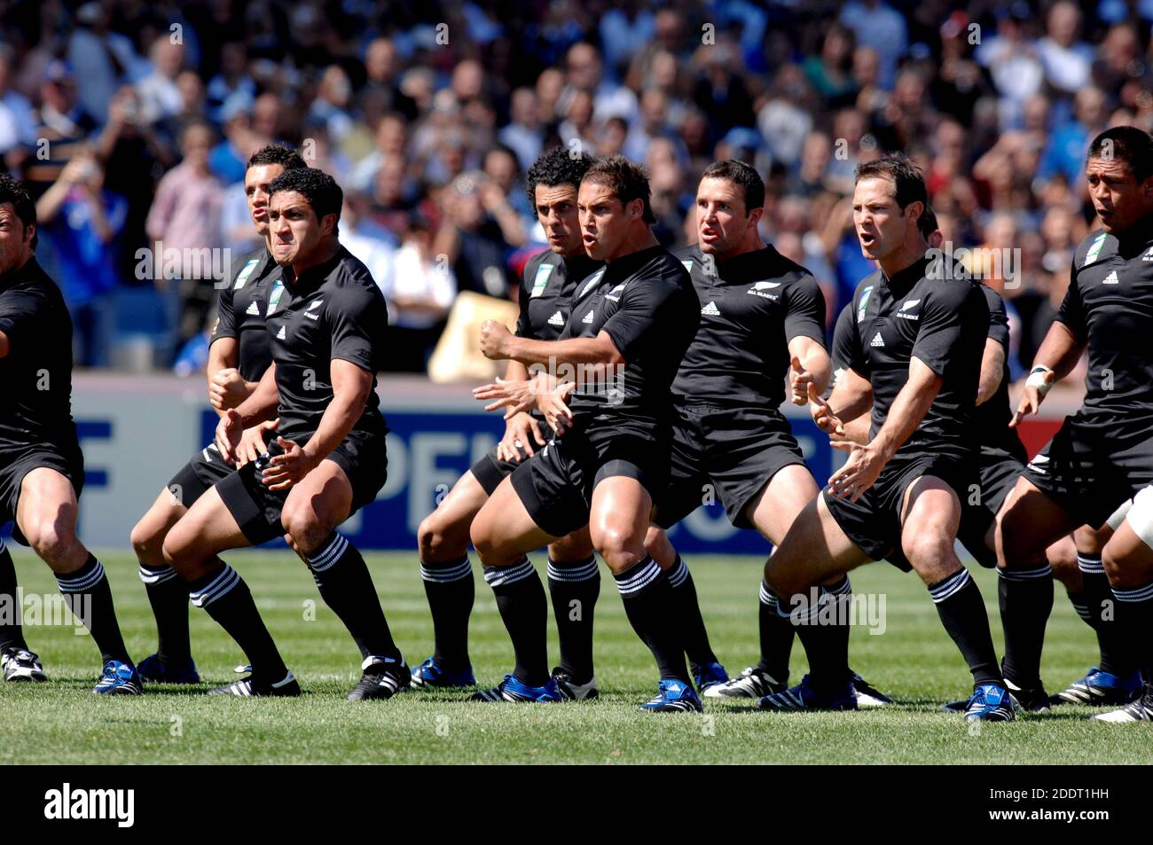 New Zealand's rugby team players playing the Maori's haka dance at the rugby match Italy vs New Zealand, during the Rugby World Cup of France 2007. Stock Photo
