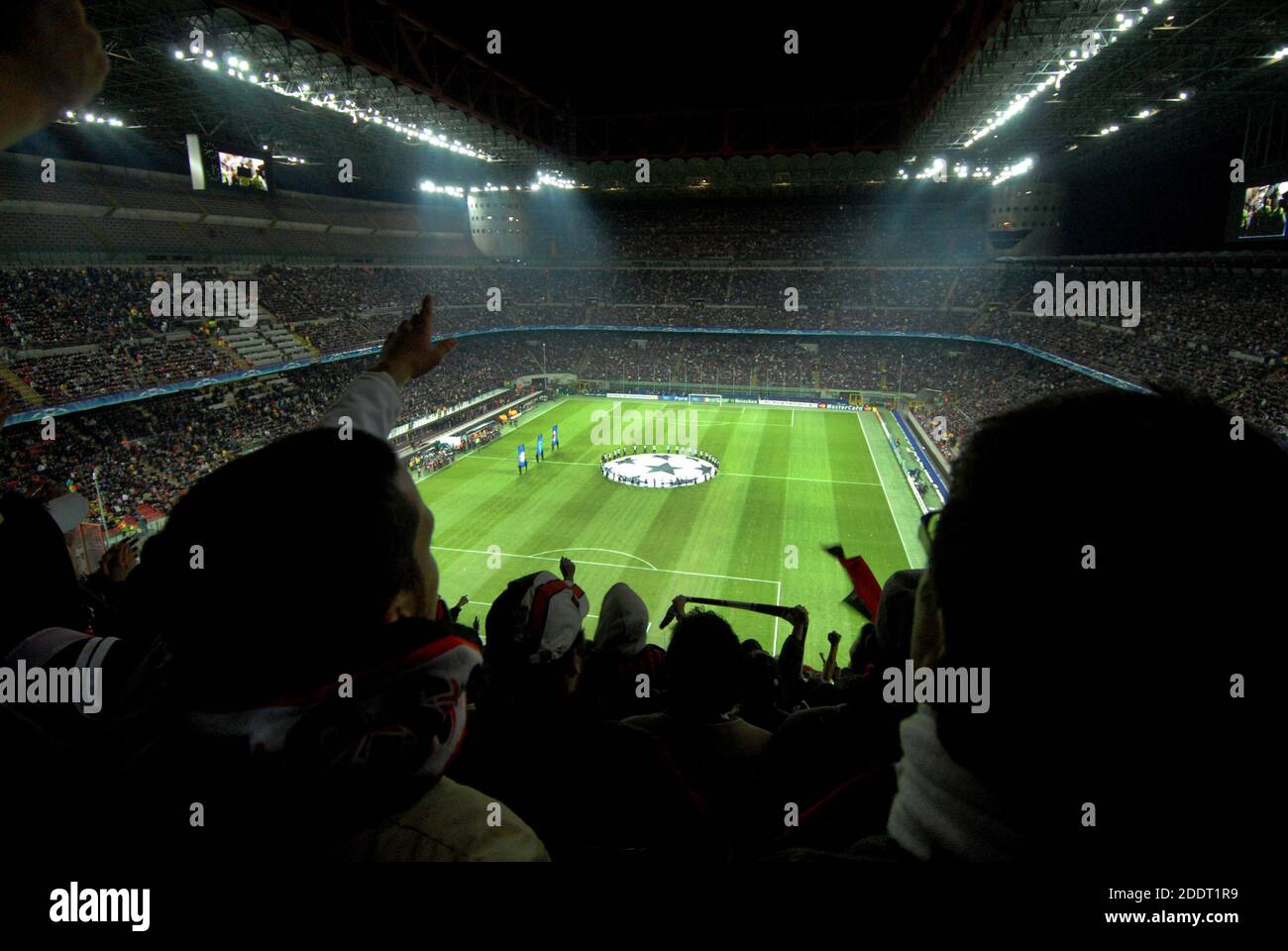 Panoramic view of the San Siro stadium at night before the start of a UEFA Champions League soccer match. Milan, Italy. 2007. Stock Photo