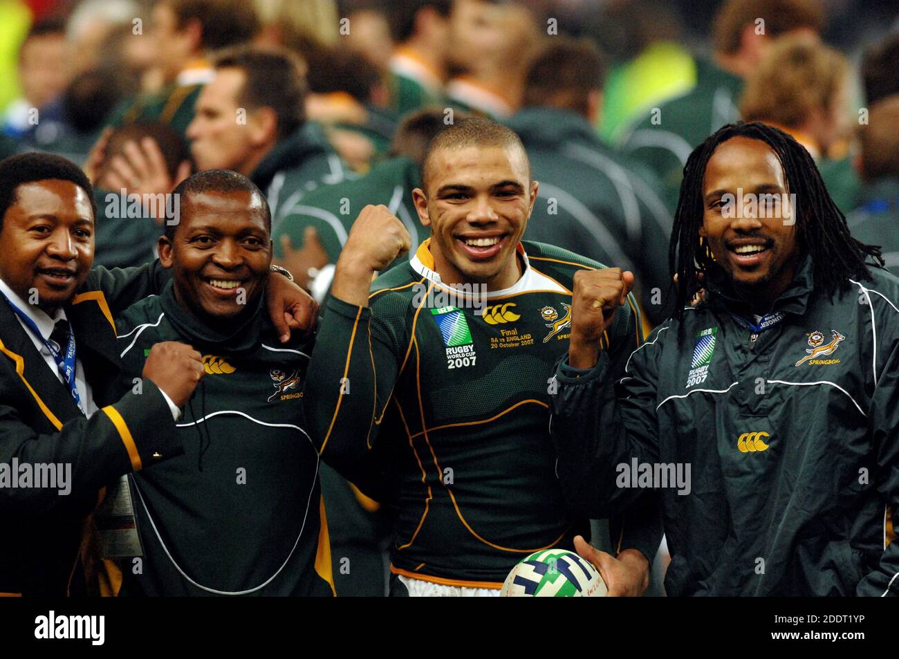 South African rugby legend Bryan Habana celebrates the win of the World Cup of France 2007, at the state de France, in Paris. Stock Photo