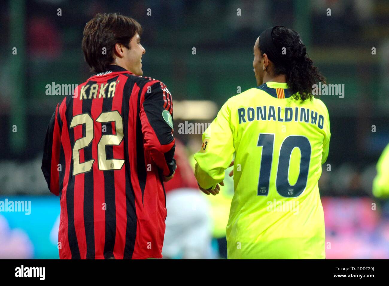 Brazilians football players Ronaldinho of FC Barcelona, and Kakà of AC Milan, during a UEFA Champions League's match, in Milan, 2007. Stock Photo