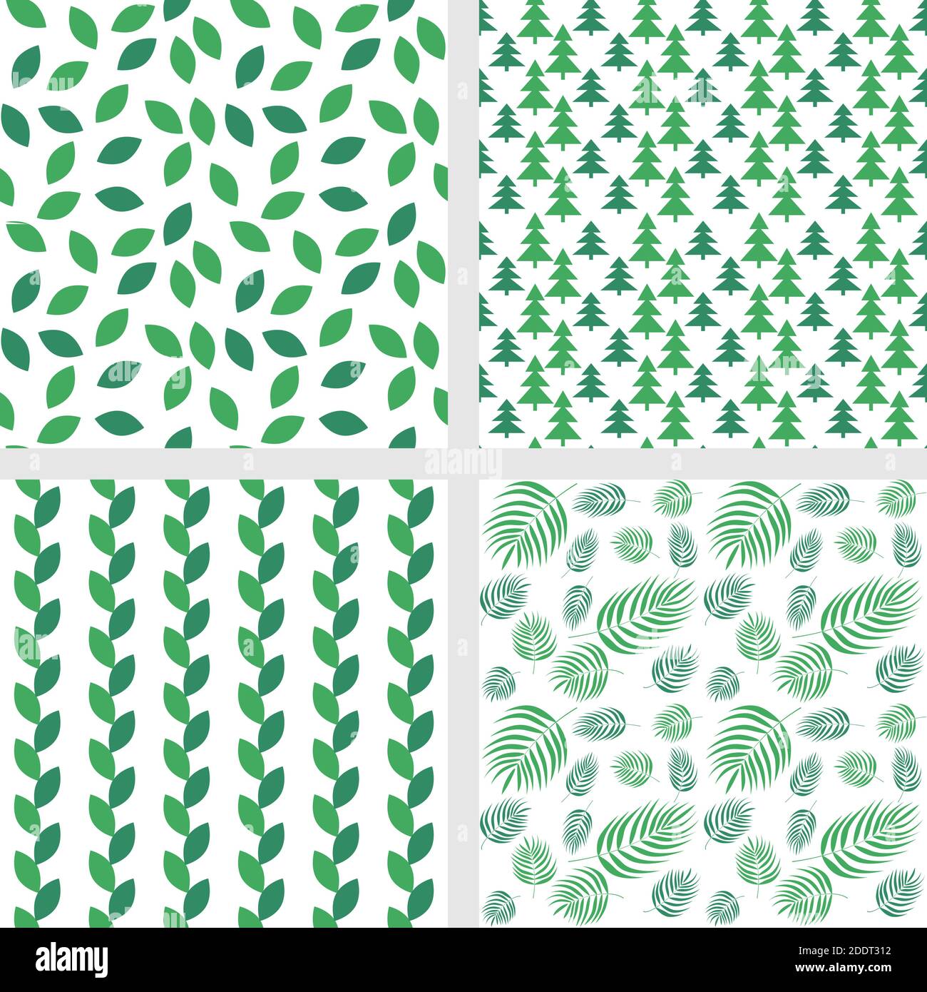 Green plant seamless patterns set. Square floral backgrounds for tablecloths, napkins and other textile products. Leaves vector digital paper swatches Stock Vector
