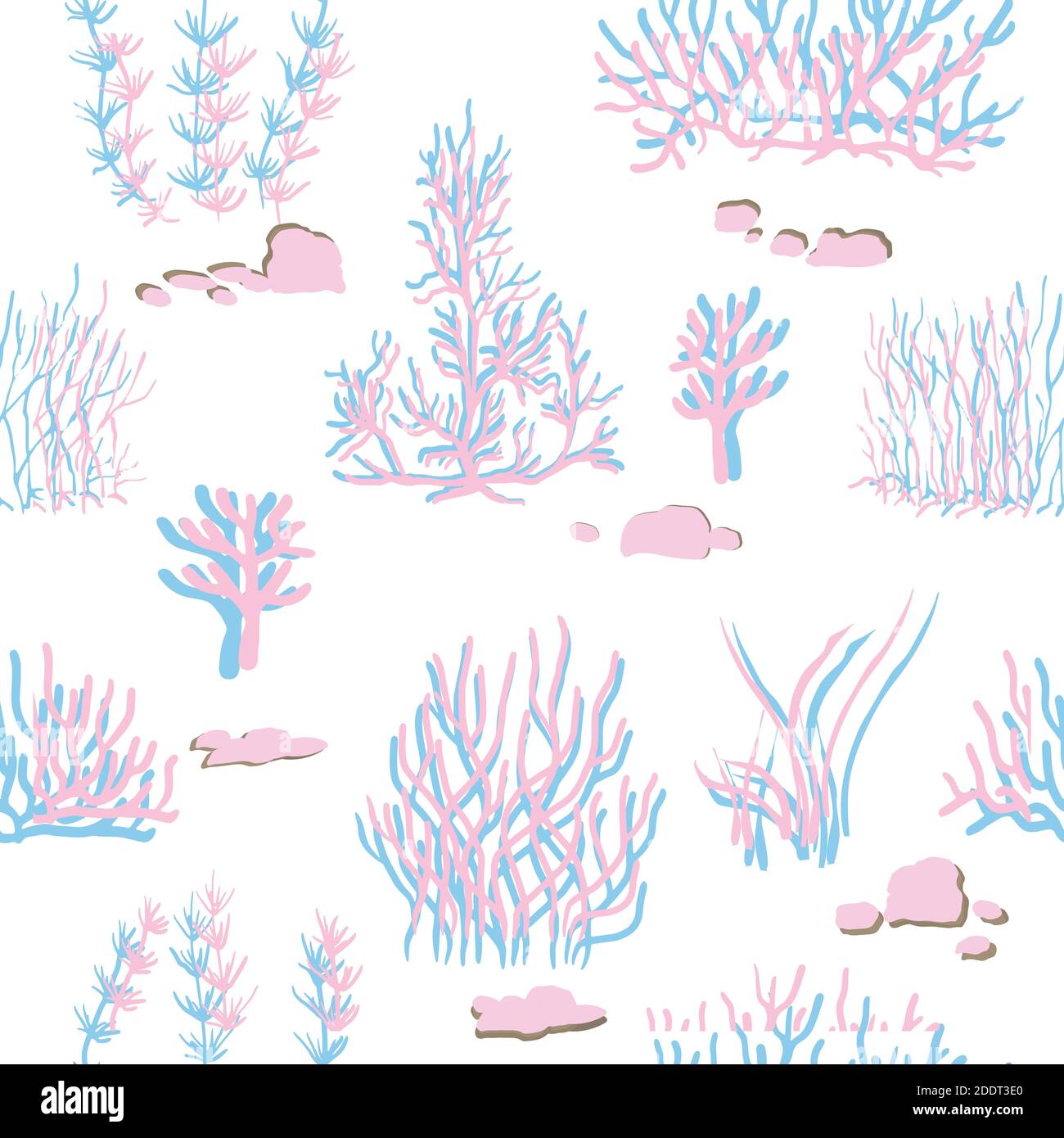 blue, pink corals on a white background. Vector seamless pattern with tropical reef. Stock Vector