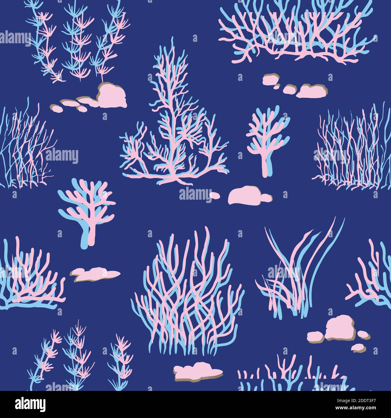 blue, pink corals on a blue background. Vector seamless pattern with tropical reef. Stock Vector