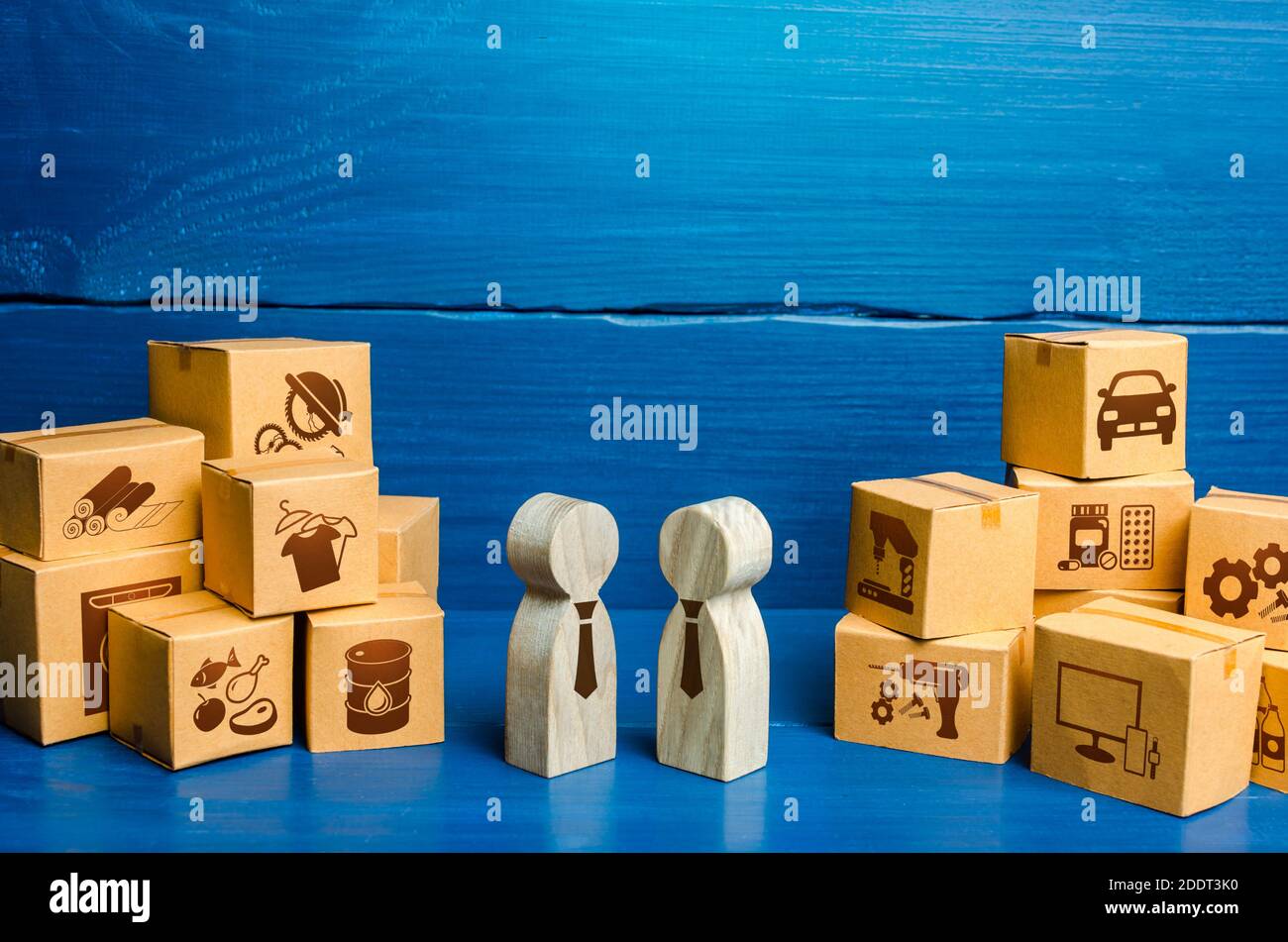 People figures conducting business negotiations and boxes. Trade goods and services, business process. Barter. Economy. Production and retail of produ Stock Photo