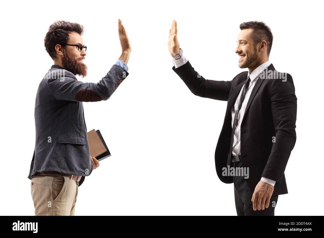Men gesturing high-five isolated on white background Stock Photo