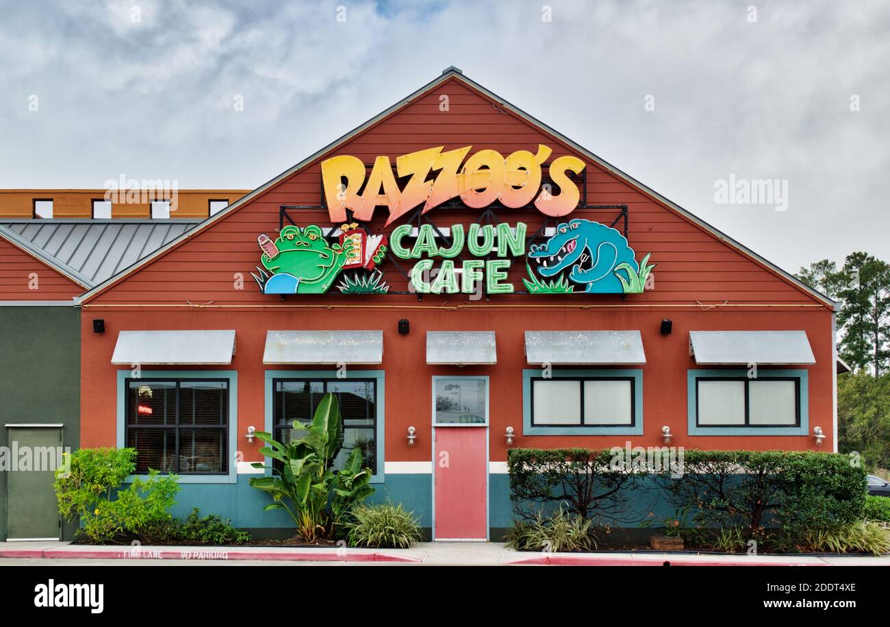 Houston, Texas USA 11-20-2020: Razzoo's Cajun Cafe exterior in Houston, TX. Southern style seafood restaurant chain dominant in Texas. Stock Photo