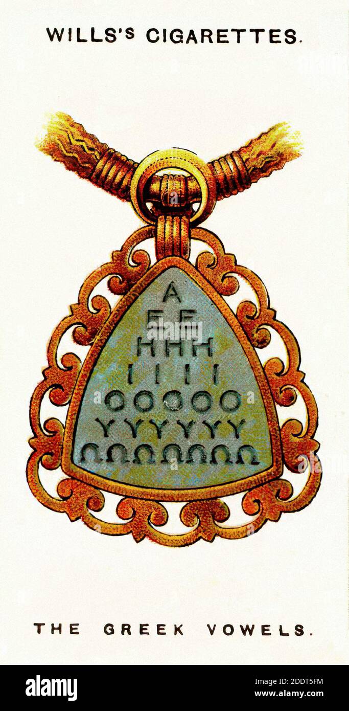 Antique cigarettes cards. Wills's cigarettes (Lucky Charms). The ancient Greek Vowels  magical amulet. 1923 It is believed that this amulet brings the Stock Photo