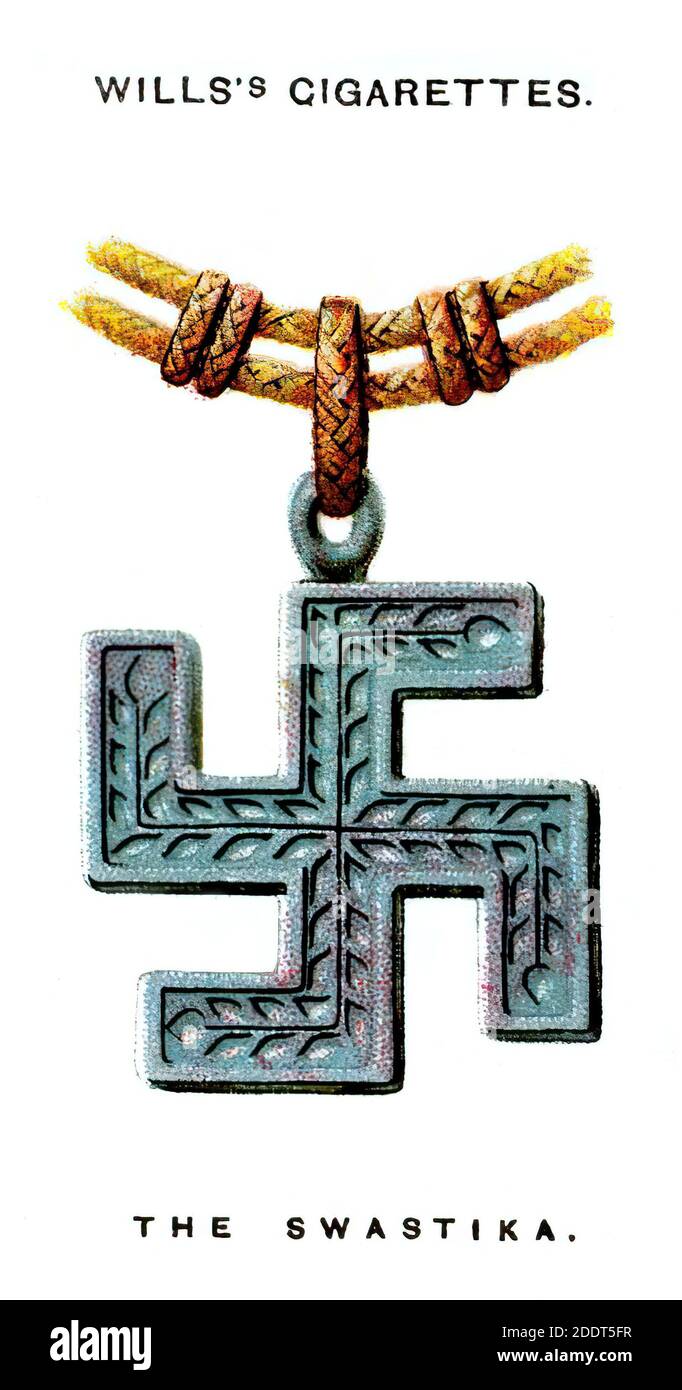 Antique cigarettes cards.  Wills's cigarettes (Lucky Charms). The ancient swastika magical amulet. 1923 The swastika symbol is an ancient religious ic Stock Photo