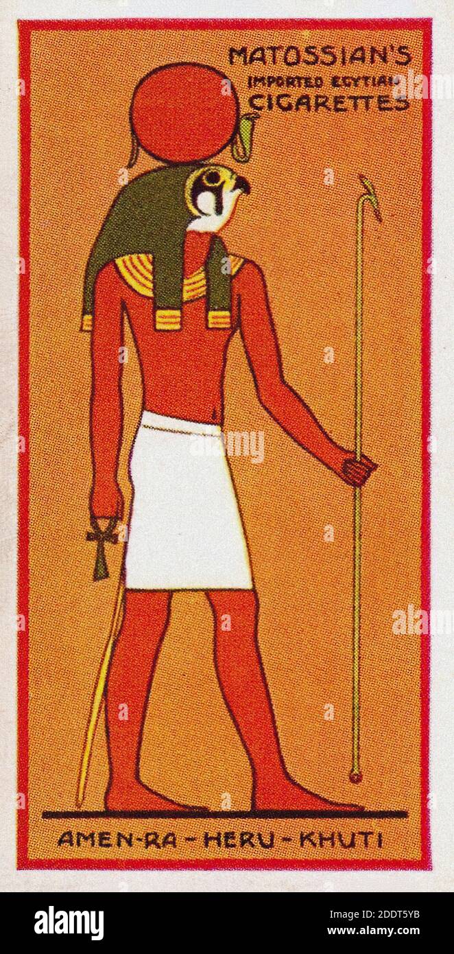 Antique cigarettes cards. Henly & Watkins Cigarettes (series Ancient Egyptian Gods). The Trinity God, Amen Ra-Heru-Khuti (Ra). 1924 Ra is the ancient Stock Photo