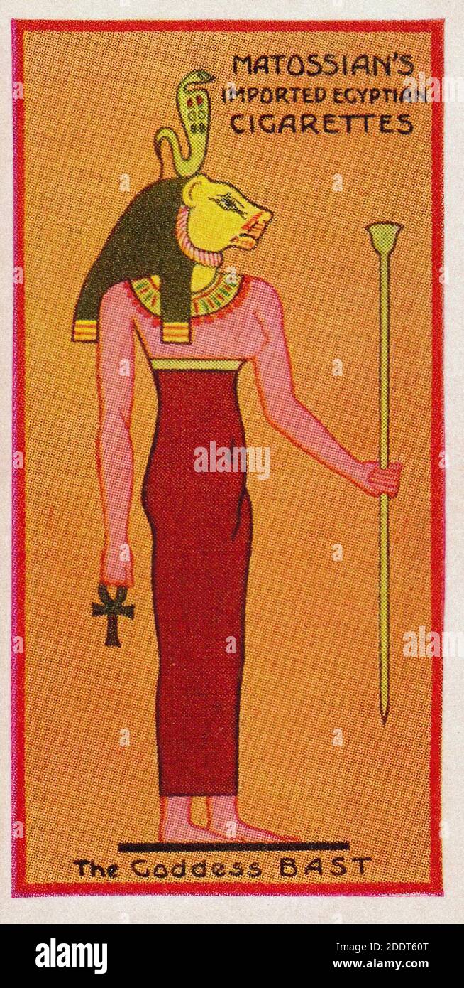 Antique cigarettes cards. Henly & Watkins Cigarettes (series Ancient Egyptian Gods).  The Goddess Bast. 1924 Bastet or Bast was a goddess of ancient E Stock Photo