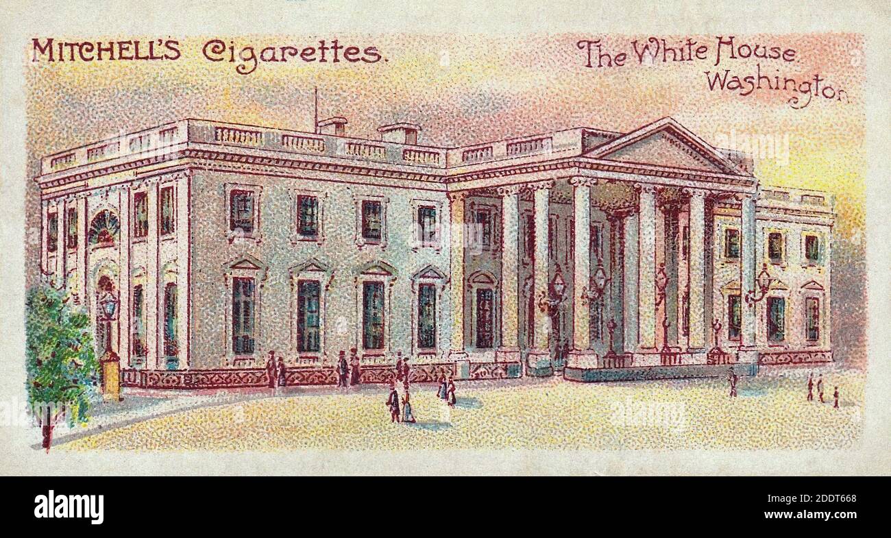 mitchell's cigarette cards Antique cigarettes cards. Mitchell's cigarettes (series of Interesting  Buildings).The White House, Washington (47). 1905 Stock Photo