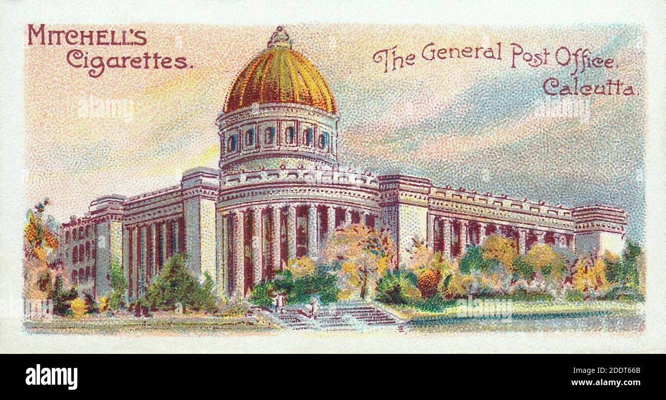 Antique cigarettes cards.  Mitchell's cigarettes (series of Interesting Buildings).The General Post Office, Calcutta, British India (41). 1905 Stock Photo