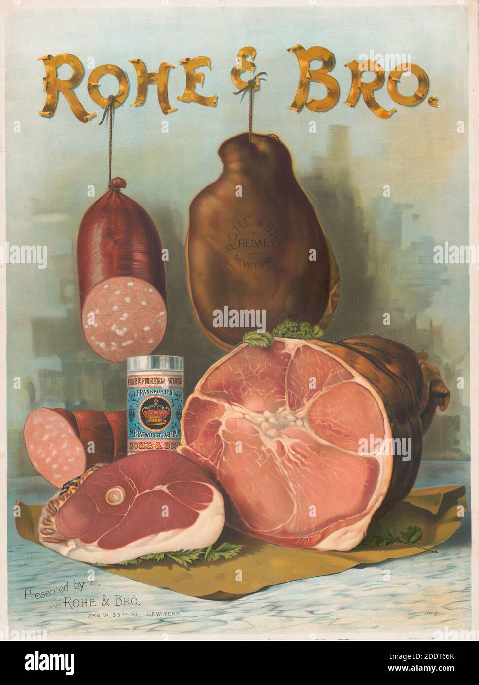 Retro illustration of meat production of firm Rohe & Bro from New York. USA. 1930s Stock Photo