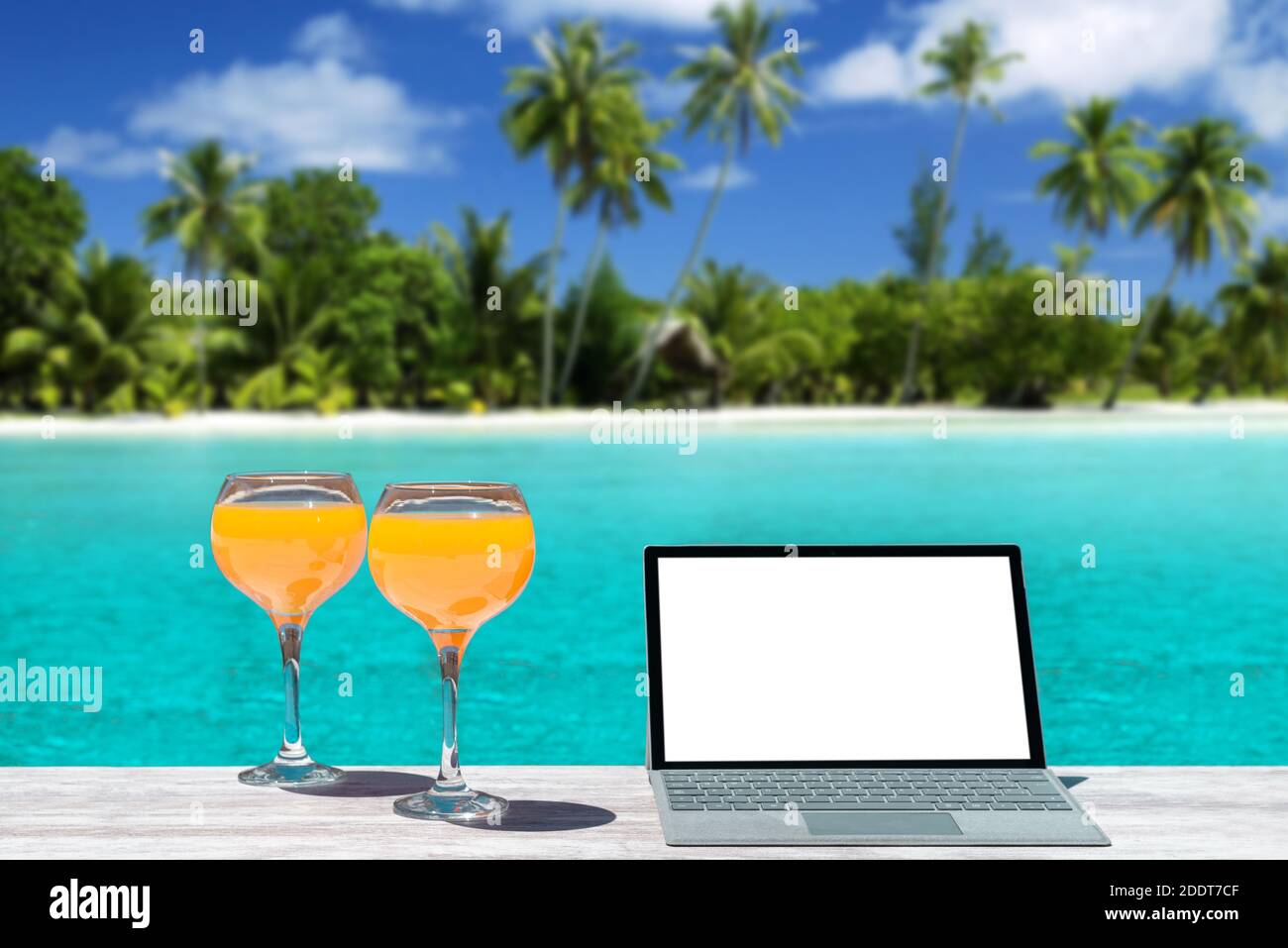 orange juice laptop on paradise beach with palm trees and turquoise blue water Stock Photo Alamy