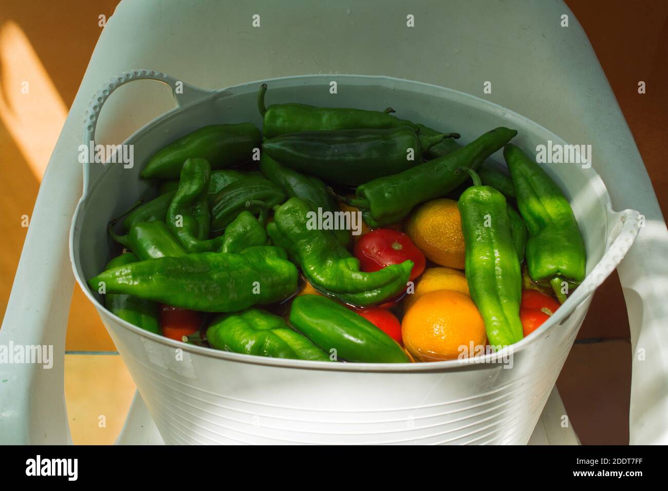 A tub is full of fruits and vegetables in water with a disinfectant for
