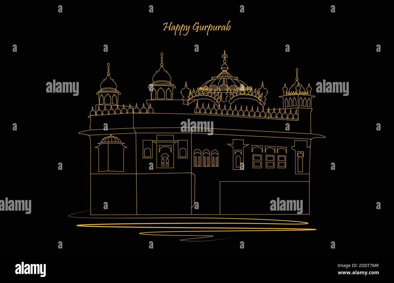 Vector illustration of guru nanak prakash parv. Happy Gurpurab. Golden and white colored temple on dark color background Stock Vector