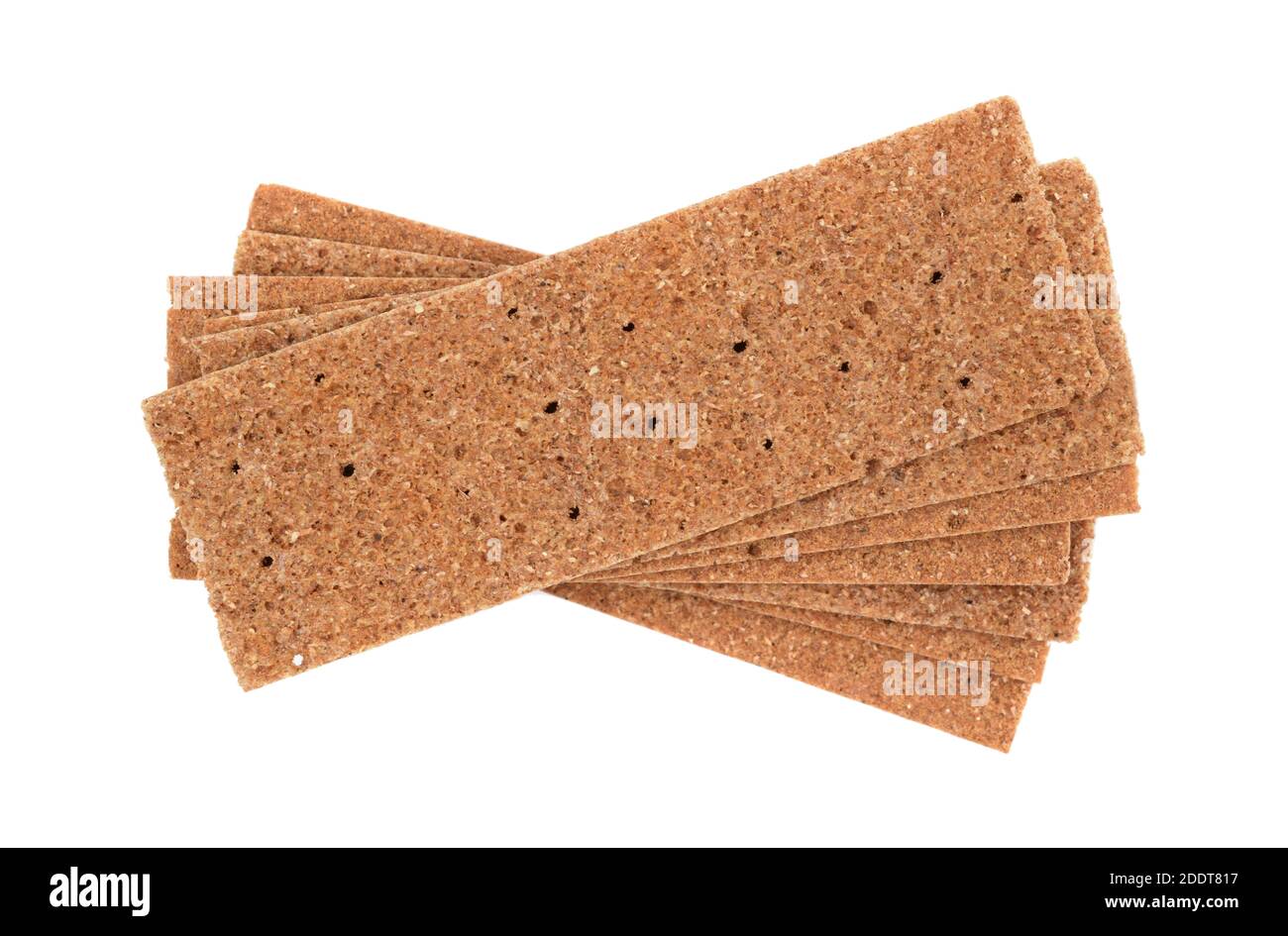 Stack of thin rye crispbread isolated on white. Top view. Stock Photo
